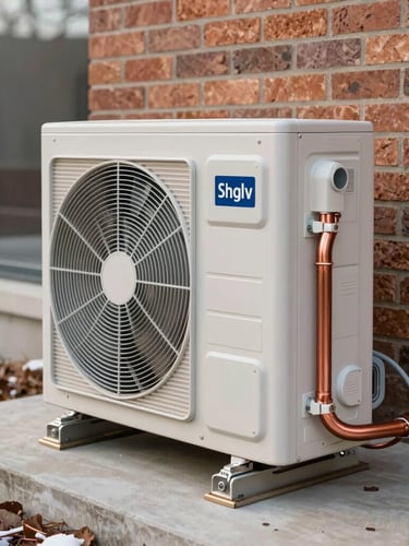 Close-up of a high-performance heat pump outdoor unit installed on a clean concrete pad against a modern brick wall, crisp winter lighting, focus on copper line set insulation.