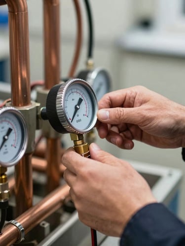 Close-up of a technician's hands in dark-navy uniform adjusting a digital manifold gauge connected to copper refrigerant lines, sharp focus, natural daylight