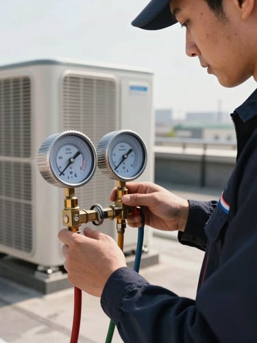 A close-up of a TSSA-licensed technician in a dark navy uniform measuring manifold gauge pressures on a commercial rooftop HVAC unit, crisp daylight, high-contrast industrial setting.