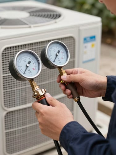 Tight close-up of a technician's hands in dark-navy uniform using digital manifold gauges to measure refrigerant pressure on a newly installed outdoor cooling unit, crisp natural daylight