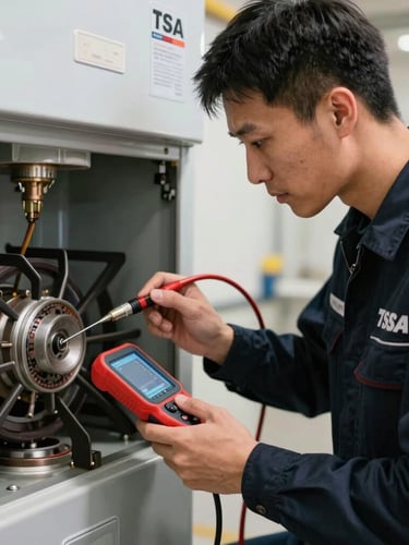 Crisp, high-contrast portrait of a TSSA-licensed technician in a dark navy uniform inspecting a modern high-efficiency gas furnace burner assembly, focusing on diagnostic tools under sharp ambient light.