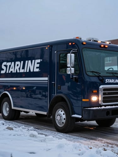 A dark navy Starline HVAC service truck parked on a snowy Toronto street at dusk, crisp winter lighting, clean branding visible on the side panel.