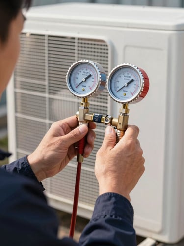 Close-up of a TSSA-licensed technician in a dark navy uniform adjusting digital manifold gauge readings on an outdoor air conditioning condenser unit, crisp morning light, sharp focus.