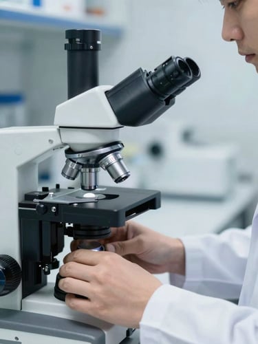 Close-up of a clinical scientist in a crisp white lab coat adjusting a high-precision microscope, cool daylight, slate tones, professional setting.