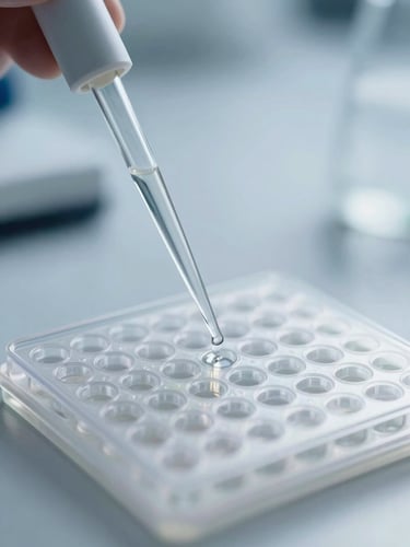 Macro photograph of clinical laboratory equipment, clean daylight, precise focus on glass pipette and micro-well plate, cool blue and slate tones