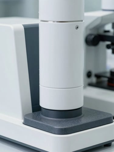 Close-up of high-end laboratory equipment with clean daylight, crisp white and slate tones, sharp focus.