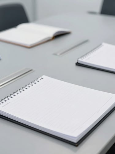Clinical editorial photography of a structured corporate workshop environment, clean daylight illuminating a modern slate-grey conference table with structured notebooks, sharp focus, macro lens.