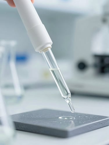 Clinical editorial photography of a high-end laboratory environment, macro close-up of glass pipettes and scientific equipment under clean daylight, crisp white and slate tones, sharp focus.