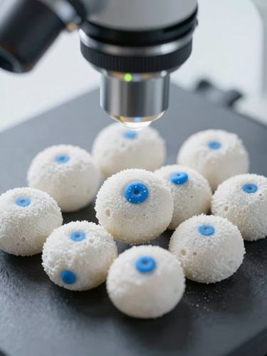 Macro close-up of cellular-like structures under a clinical microscope, sharp focus, clean laboratory daylight, slate and high-visibility signal blue accents.