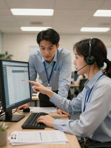 Medium-wide operational shot: two customer service agents at adjacent desks in a well-lit office, one leaning in to point at a screen showing a flight itinerary, the other on a headset mid-conversation, warm tungsten overhead lighting, papers and a keyboard visible in the foreground, honest and candid framing — no posed smiles