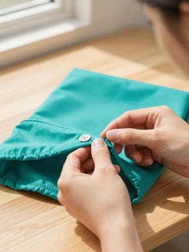 Eye-level close-up of artisan hands stitching a vibrant teal pet shirt on a clean wooden table, warm sunlight filtering through a window, shallow depth of field