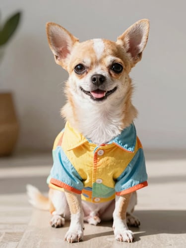 A happy small chihuahua wearing a colorful custom-made summer shirt, sitting comfortably indoors, warm sunlight, eye-level portrait