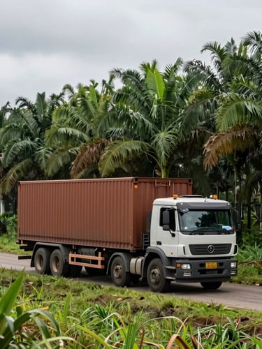 Wide environmental shot of a heavy-duty logistics truck driving through a lush palm oil plantation in Kalimantan, overcast daylight, deep forest green tones, editorial industrial photography