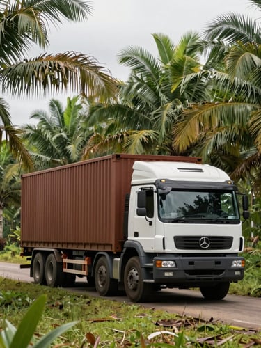 Wide shot of a modern heavy-duty logistics truck driving through a lush palm oil plantation in Kalimantan, overcast natural daylight, editorial industrial photography.