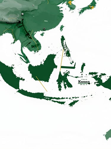 A clean corporate map of Indonesia with highlighted shipping routes focusing on Kalimantan, showing maritime and land distribution paths, minimalist design with deep forest green and gold accents.
