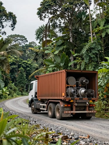 Heavy duty logistics truck transporting industrial parts on a gravel road winding through a dense Indonesian plantation forest, natural overcast daylight, rich green tones