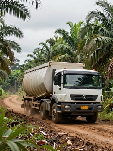 Wide shot of heavy supply truck navigating a muddy plantation road in Kalimantan, dense oil palm trees in background, overcast daylight, 35mm lens