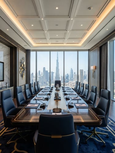 Wide-angle architectural perspective of a modern executive boardroom in Dubai, crisp natural daylight, deep navy and warm gold tones, 35mm