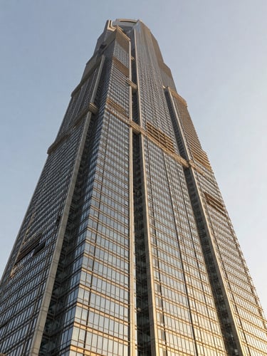 Low-angle architectural perspective of a towering modern steel and glass skyscraper in the Dubai International Financial Centre, crisp daylight, warm gold reflections