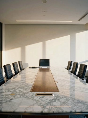 Wide environmental shot of a modern corporate boardroom with a large marble table, polished surfaces reflecting soft architectural lighting, empty chairs, executive discretion, 35mm.
