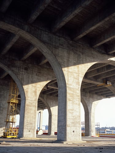Wide-angle architectural perspective of a massive infrastructure project, concrete arches and steel structures under bright, natural daylight, representing global scale, 35mm.