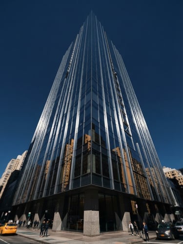 Low-angle architectural perspective of a modern glass skyscraper corner reflecting deep navy sky, crisp natural daylight, clean corporate aesthetic, 35mm.