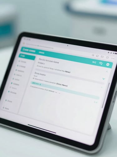 Macro close-up of a sterile clinical environment, a high-end medical tablet interface showing clean wound care data visualizations and diagnostic metrics under bright natural daylight.