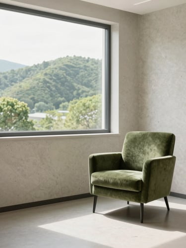 Soft natural daylight illuminating a pristine, modern clinical consultation room with travertine walls, a minimalist olive green velvet armchair, and a large window showing lush green hills in the distance.