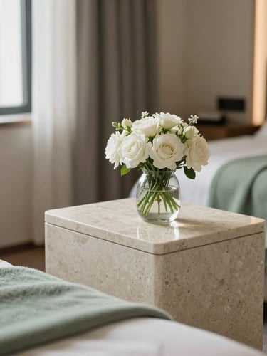 A close-up of a luxury private recovery room, minimalist travertine bedside table with fresh white flowers, a soft sage green throw blanket, diffused warm window light.