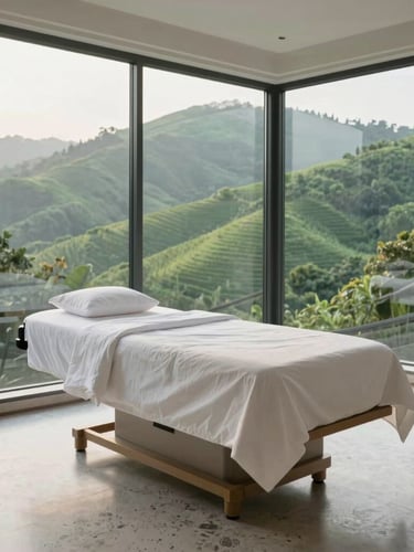 Serene wide-angle photograph of a luxury recovery suite overlooking lush green hills, soft morning light filtering through floor-to-ceiling windows, minimalist travertine floors, comfortable clean linens.