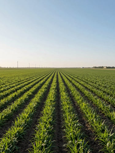 Wide environmental shot of a modern agricultural field with structured green crop rows under bright, clear morning light, showing vast scale and precision farming