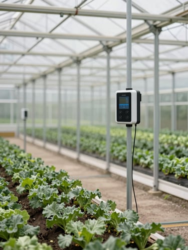 Crisp daylight shot of a modern agricultural greenhouse with structured rows of crops, clean glass panels, and a digital sensor device attached to a support post.