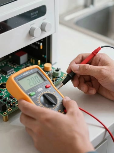 Close-up macro shot of a certified technician's hands using a digital multimeter to test a control board inside a premium modern kitchen, bright clean natural daylight, focused technical composition.