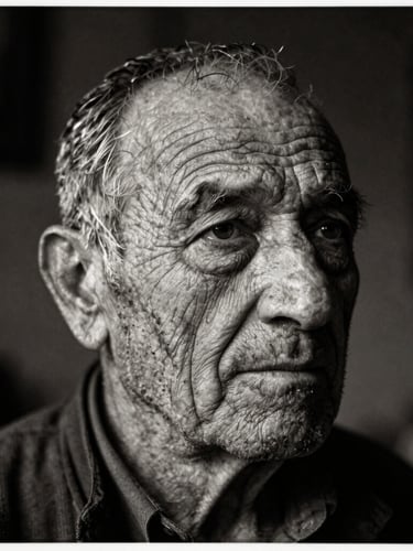 Dramatic close-up portrait of an elderly artisan in Ordu, deep facial lines, soft side lighting, dark moody background, high-contrast monochrome, fine art photography style