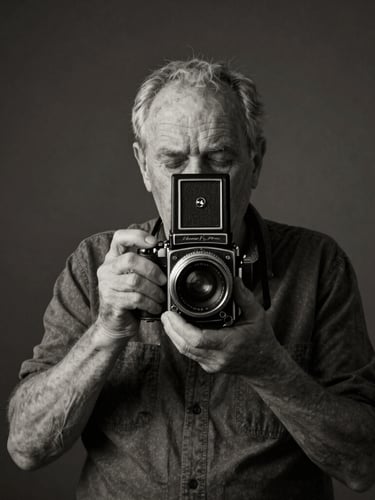 Fine art portrait of an old photographer holding a vintage medium format camera, dramatic chiaroscuro lighting, dark studio background, monochrome
