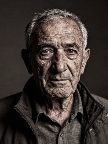 Fine art dramatic portrait of an elderly Turkish mountaineer in Ordu, deep expressive wrinkles, intense gaze, chiaroscuro lighting, dark studio background, medium format film texture.