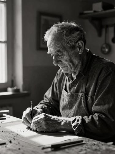 Intimate portrait of an old Ordu craftsman in his dark wooden workshop, dramatic chiaroscuro lighting, natural window light hitting his hands, fine art photography