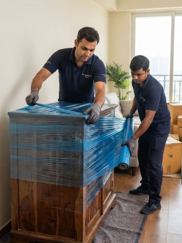 Medium shot of professional moving crew in uniform carefully wrapping a wooden cabinet with blue multi-layer protective film inside a modern Patna apartment, bright natural daylight, high-contrast