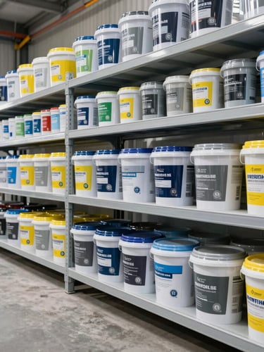 Sharp commercial photography of a clean, well-lit construction materials warehouse, organized shelves with buckets of waterproofing products and sealants, bright daylight, 35mm lens