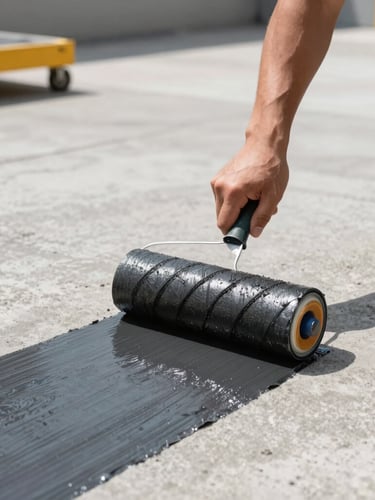 Close-up of a professional worker applying a dark liquid waterproofing membrane onto a clean concrete surface with a roller, bright daylight, sharp focus on the texture of the product.