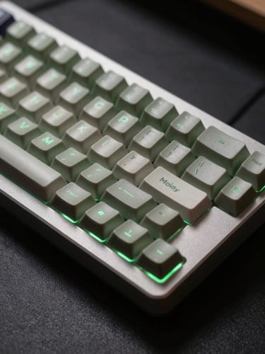 Moody close-up macro shot of a premium mechanical keyboard with custom keycaps, soft terminal green LED glow from beneath, dark matte black desk surface, shallow depth of field.