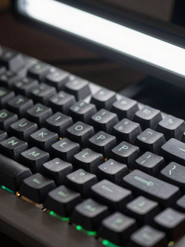 Macro shot of a mechanical keyboard under a single monitor lightbar, matte black keycaps, subtle terminal green indicators, shallow depth of field