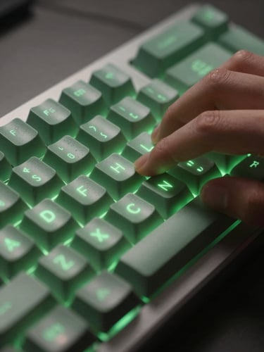 Macro shot of a high-end mechanical keyboard, fingers typing, soft green terminal glow reflecting off keycaps, moody ambient lighting.