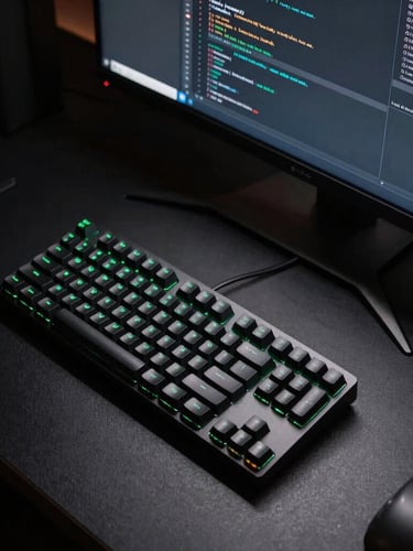 Tight overhead shot of an immaculate matte black desk setup, a mechanical keyboard with subtle green backlighting, a clean coding interface on a wide monitor, single lightbar illumination, dark shadows.
