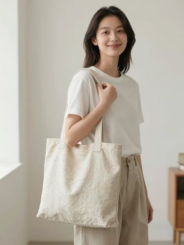 clean minimalist fashion photography, bright natural indoor daylight, soft neutral background, crisp focus, 35mm lens. Portrait of a young woman smiling, holding a stylish linen tote bag, natural light.