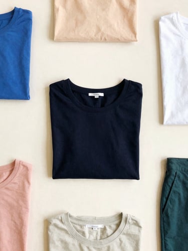 Clean minimalist fashion flat-lay of trendy colorful garments on a soft cream background, bright natural daylight, crisp focus, 35mm lens