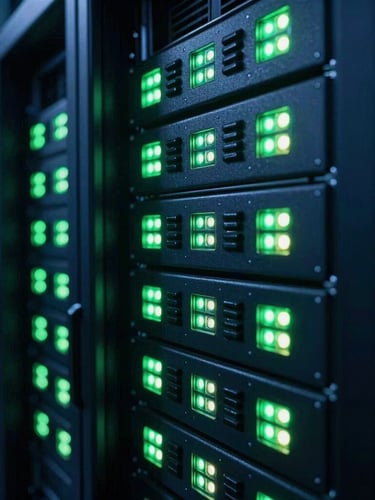 Close-up of a secure server cage with glowing status lights, industrial tech photography, low-key ambient server room light, cool blue and neon green tones, sharp focus, 35mm