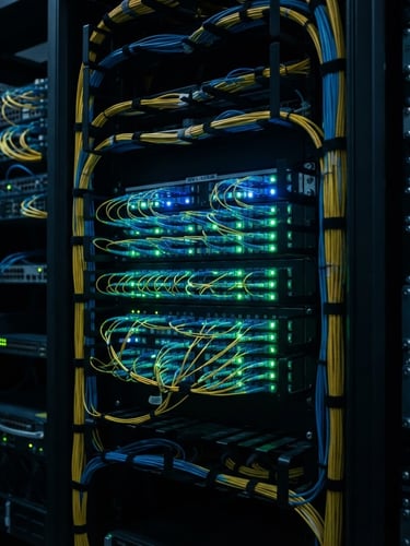 Close-up of clean, organized fiber terminations in a dark data center, glowing with cool blue and green status lights, sharp focus, industrial tech photography.