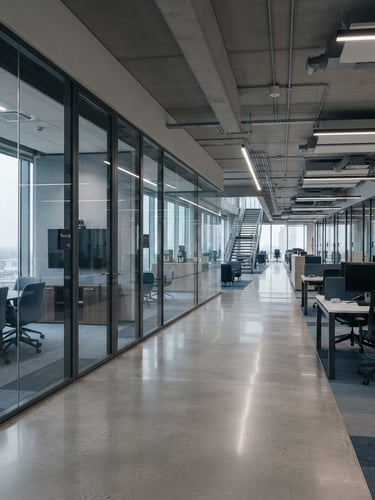 Wide panoramic of a modern corporate office interior, focus on architectural details like glass walls and a polished concrete floor, cool overcast daylight, deep blue and slate tones, no people, 35mm lens.