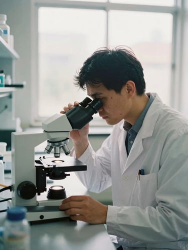 A clinical researcher in a white coat studying a sample under a microscope in a brightly lit modern laboratory, soft daylight from a large window, warm muted tones, 35mm film
